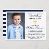 First Holy Communion Navy Blue Gold Cross Striped