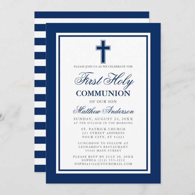 First Holy Communion Navy Blue Silver Striped Invitation (Front/Back)