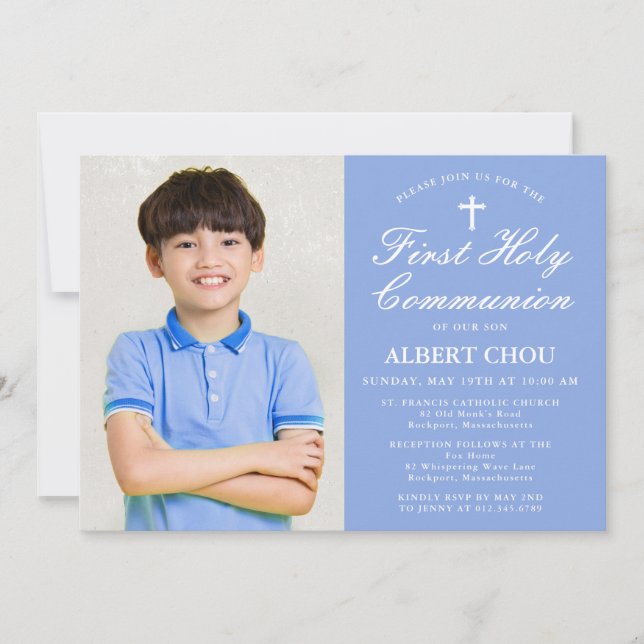 First Holy Communion One-Photo Elegant Boy Blue Invitation (Front)