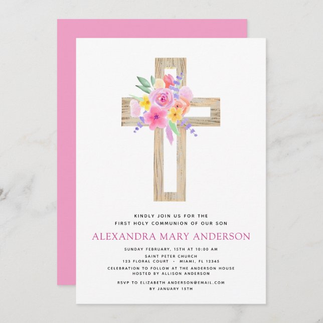 First Holy Communion Pastel Floral Pink Invitation (Front/Back)