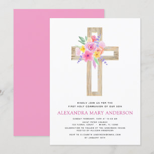 First Holy Communion Pastel Floral Pink Invitation