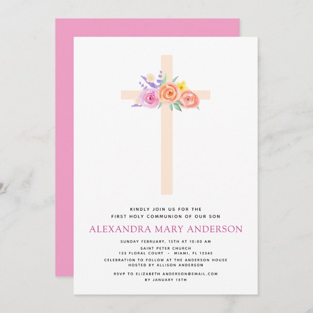 First Holy Communion Pastel Floral Pink Invitation (Front/Back)