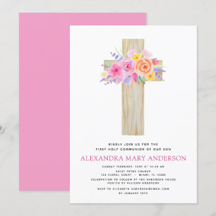 First Holy Communion Pastel Floral Pink Invitation