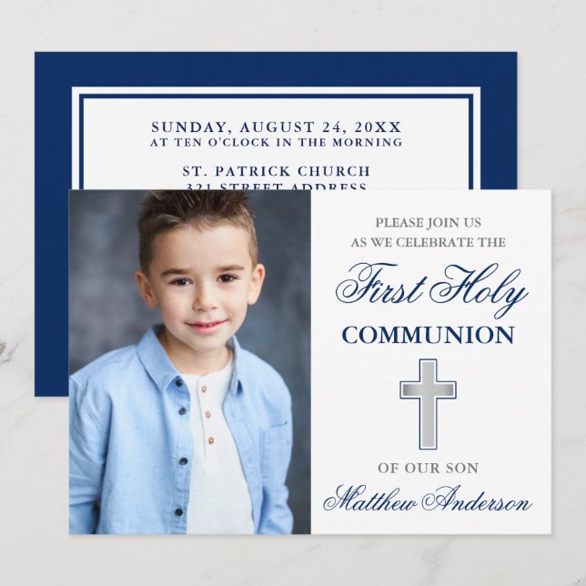 First Holy Communion Photo Blue and Silver Invitation (Front/Back)