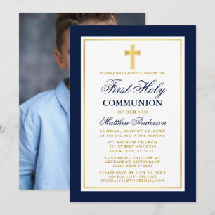 First Holy Communion Photo Blue Gold Invitation