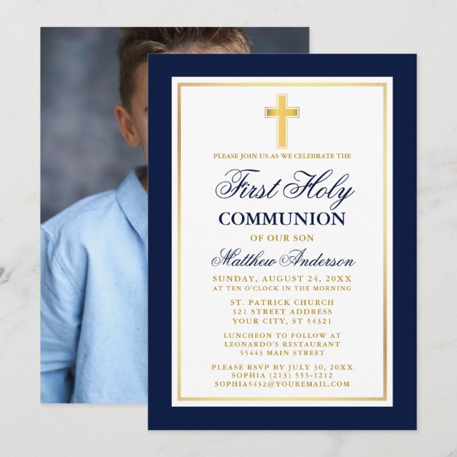 First Holy Communion Photo Blue Gold Invitation (Front/Back)