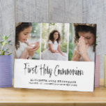 First Holy Communion Photo Collage  Plaque<br><div class="desc">Stylish,  modern photo collage plaque. First Holy Communion is featured in a sophisticated typographic script with stylish handwritten lettering on a white background. Customize with a name,  the date,  the place of the baptism. ideal as a gift or keepsake.</div>