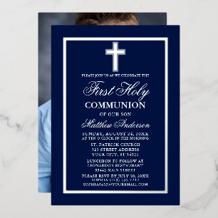 First Holy Communion Photo Cross Navy Blue Silver
