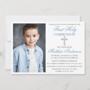 First Holy Communion Photo Dusty Blue and Silver Invitation