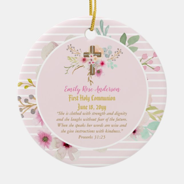 First Holy Communion PHOTO Gift Grils Pink Flowers Ceramic Ornament (Front)