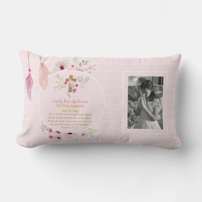 First Holy Communion PHOTO Gift Grils Pink Flowers Lumbar Pillow (Front)