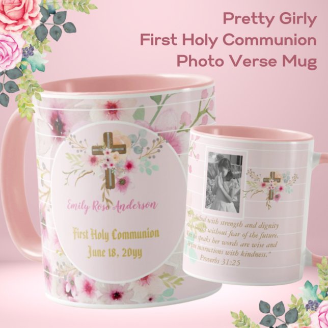First Holy Communion PHOTO Gift Grils Pink Flowers Mug (Creator Uploaded)
