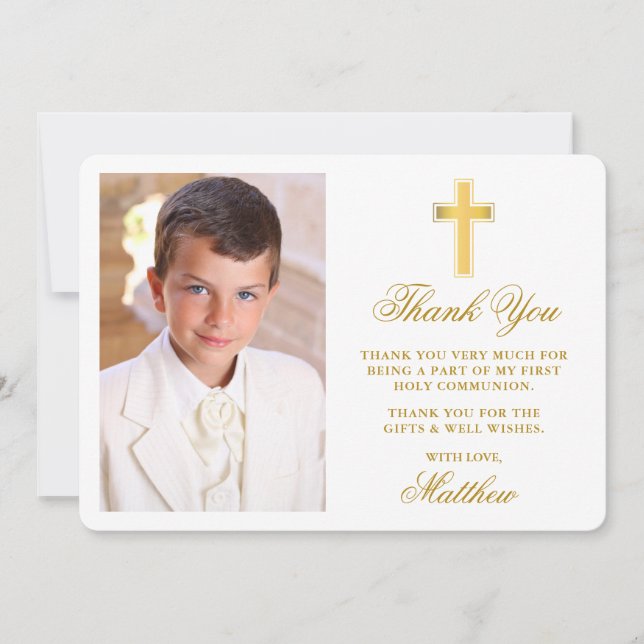 First Holy Communion Photo Gold Thank You Card (Front)