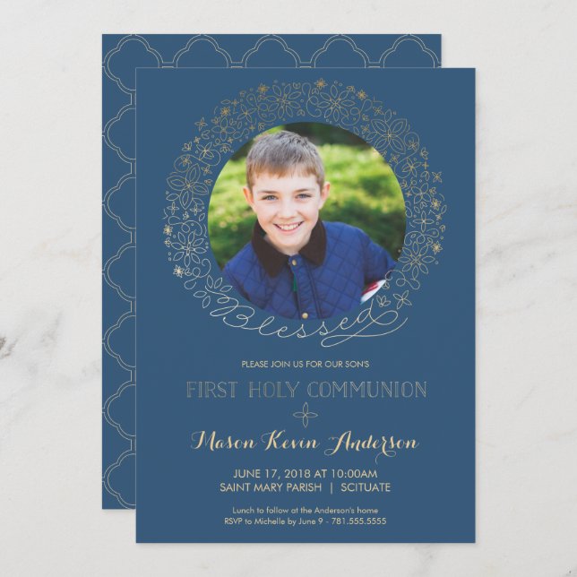 First Holy Communion Photo Invitation, Boys Invite (Front/Back)