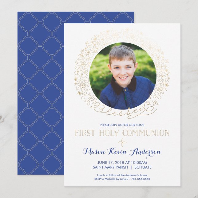 First Holy Communion Photo Invitation w/ Gold (Front/Back)