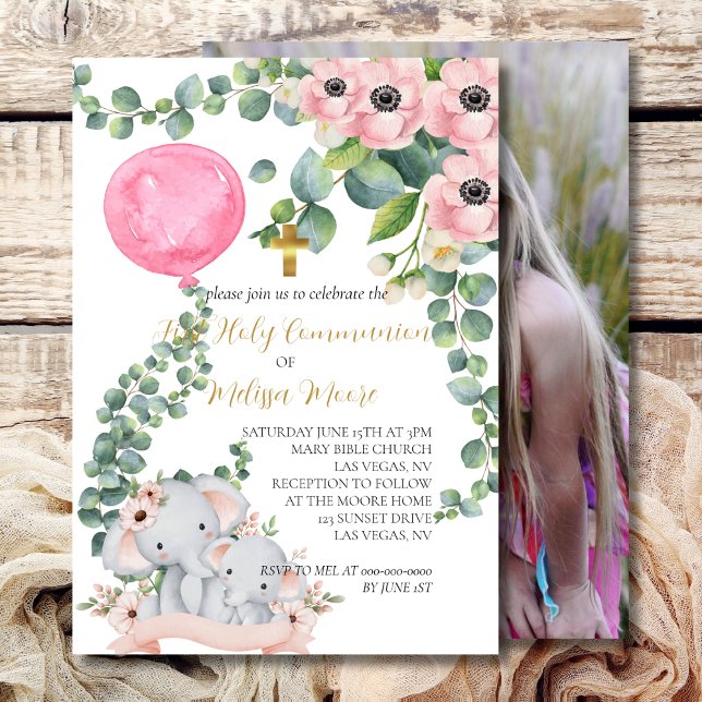 First Holy Communion Pink Balloon Eucalyptus  Invitation (Creator Uploaded)