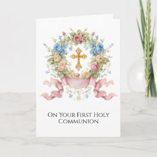 First Holy Communion Pink Blue Floral Wreath Cross Card