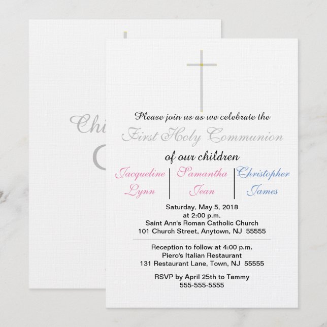 First Holy Communion Pink Blue Triplets Invitation (Front/Back)