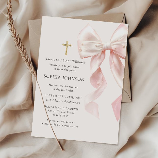 First Holy Communion Pink Bow Girl Invitation (Créateur téléchargé)