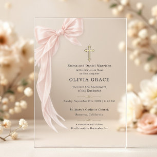 First Holy Communion Pink Coquette Bow Girl  Acrylic Invitations