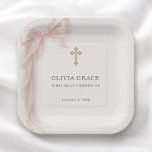 First Holy Communion Pink Coquette Bow Girl  Paper Plate<br><div class="desc">Elegant First Holy Communion paper plates featuring a soft pink coquette bow design for a graceful and feminine celebration. Perfect for dessert tables,  place settings,  and party displays honoring your daughter special sacrament. Ideal for coordinating with communion invitations and party decor. High quality print.</div>
