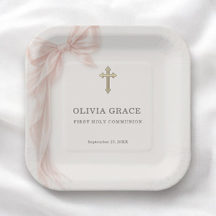 First Holy Communion Pink Coquette Bow Girl  Paper Plate