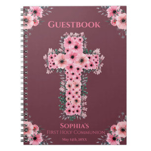 First Holy Communion Pink Flower Cross Guest Book