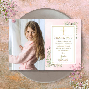 First Holy Communion Pink Greenery Photo Thank You Card