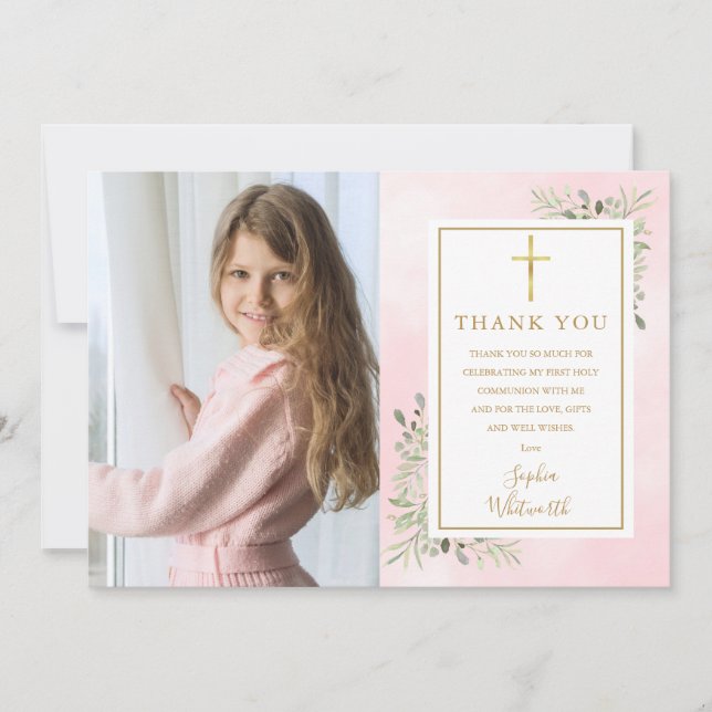 First Holy Communion Pink Greenery Photo Thank You Card (Front)