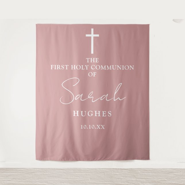First Holy Communion Pink Photo Backdrop Tapestry (Front)