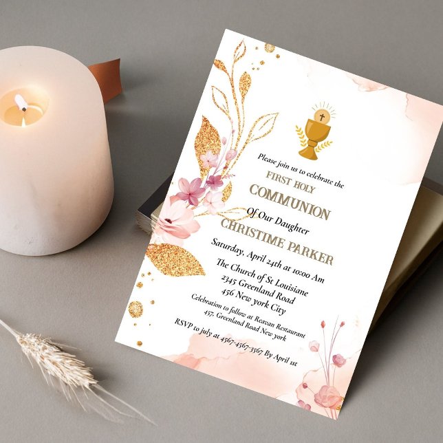 First holy communion pink watercolor splash  invitation (Creator Uploaded)