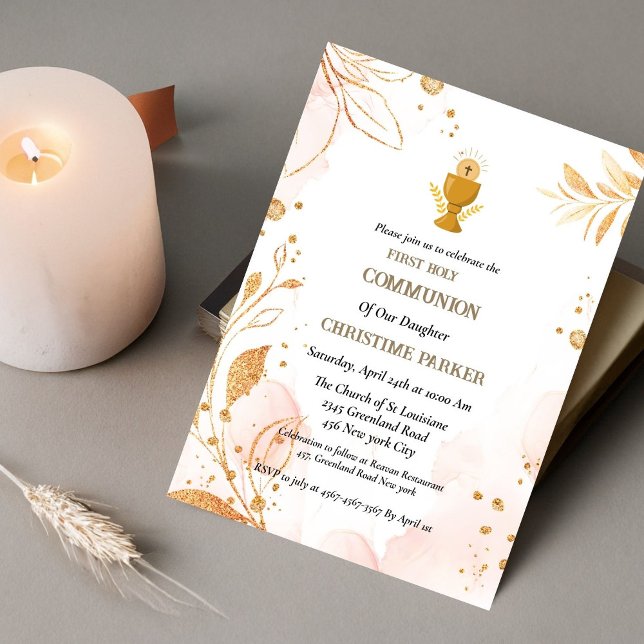 First holy communion pink watercolor splash  invitation (Creator Uploaded)