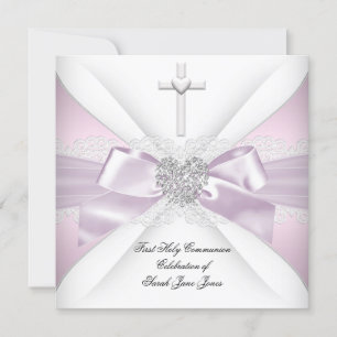 First Holy Communion Pink White Silver Heart Girl Invitation