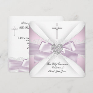 First Holy Communion Pink White Silver Heart Girl Invitation
