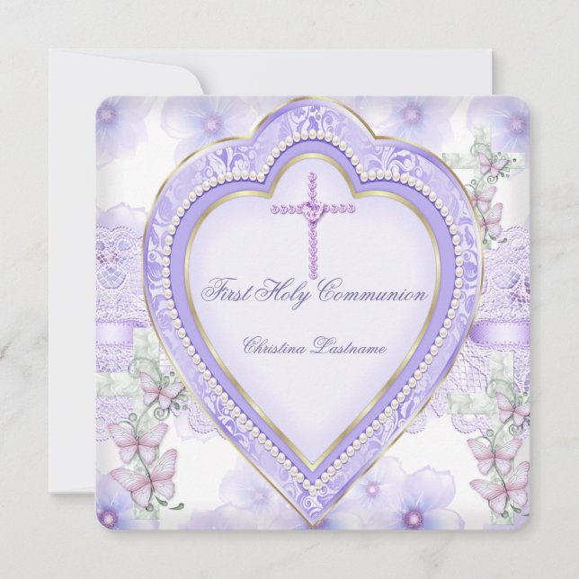 First Holy Communion Purple Pink Heart Girl 2 Invitation (Front)