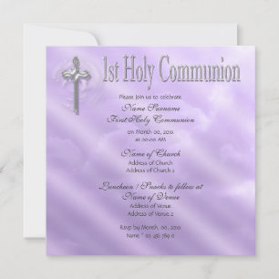 First holy communion purple religious invitation