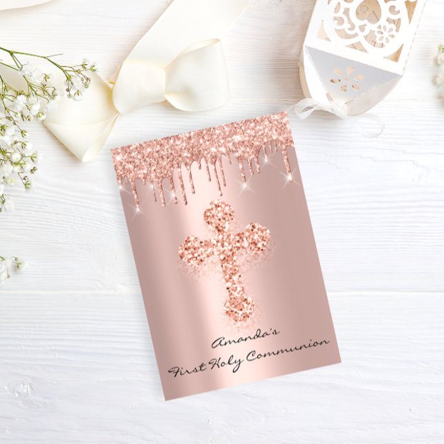 First Holy Communion Rose Drips Christian Cross Invitation (Creator Uploaded)