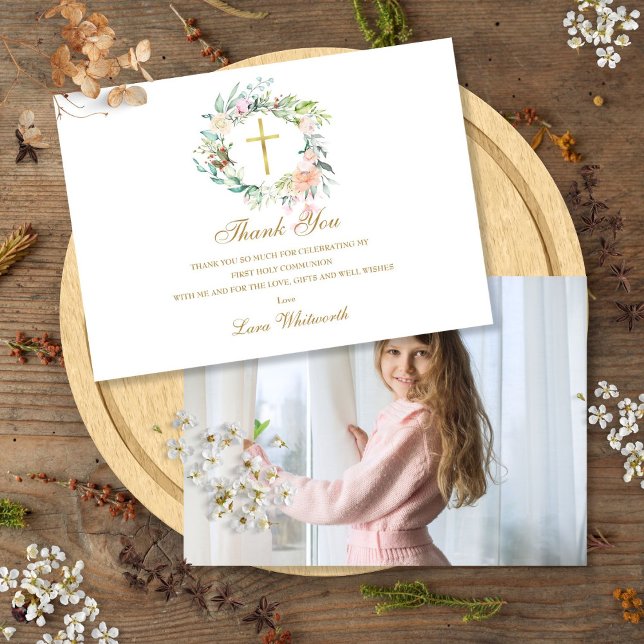 First Holy Communion Roses Floral Photo Gold Thank You Card (First Holy Communion Roses Floral Photo Gold Thank You Card)