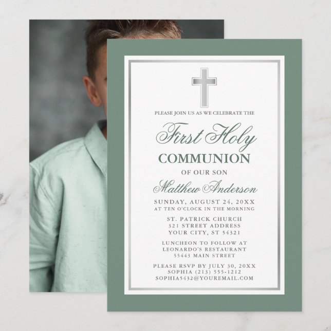 First Holy Communion Sage Green Silver Photo Invitation (Front/Back)