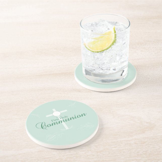 First Holy Communion, Script in Soft Green Coaster (Side)