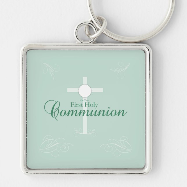 First Holy Communion, Script in Soft Green Keychain (Front)