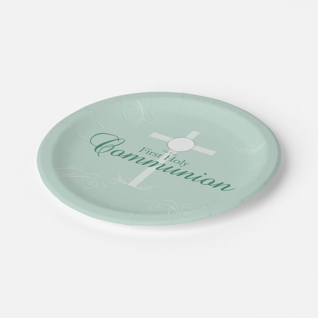 First Holy Communion, Script in Soft Green Paper Plate (Angled)