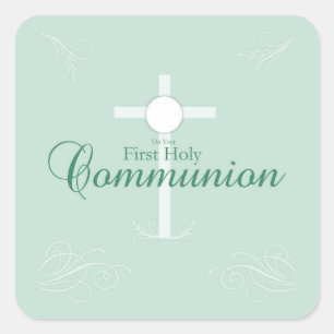 First Holy Communion, Script in Soft Green Square Sticker