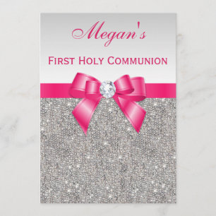 First Holy Communion Silver Jewels, Hot pink Bow Invitation