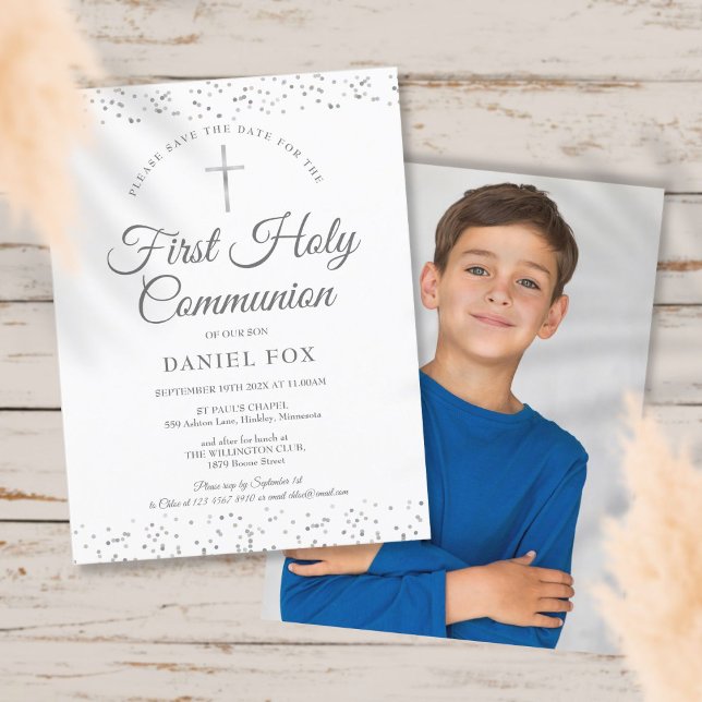 First Holy Communion Silver Save The Date Photo Announcement Postcard (Creator Uploaded)