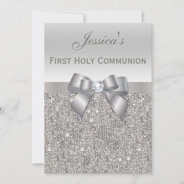 First Holy Communion Silver Sequins and Bow Invitation (Front)