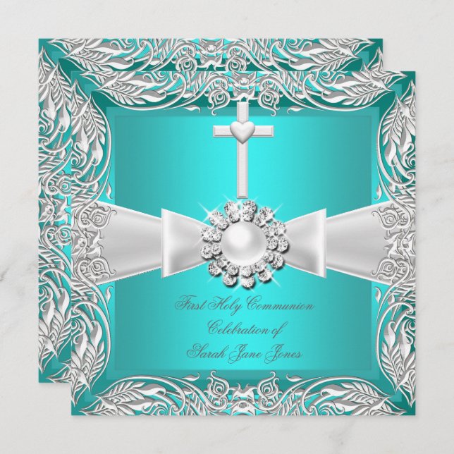 First Holy Communion Teal White Silver Girl Boy 2 Invitation (Front/Back)