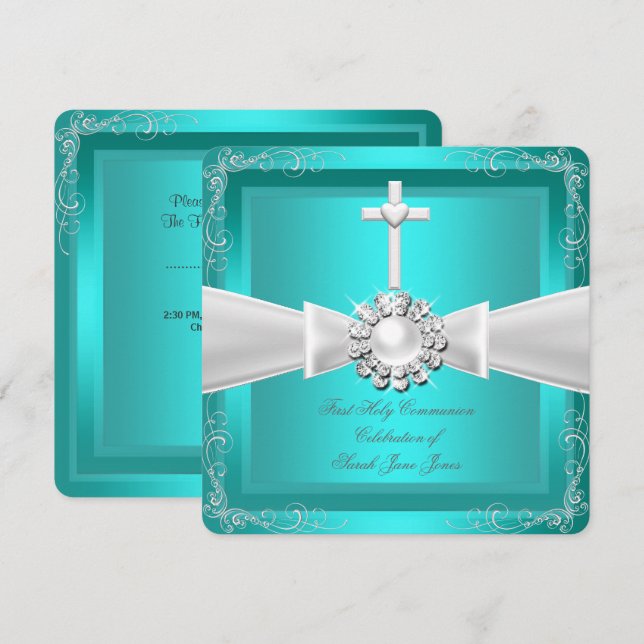First Holy Communion Teal White Silver Girl Boy Invitation (Front/Back)