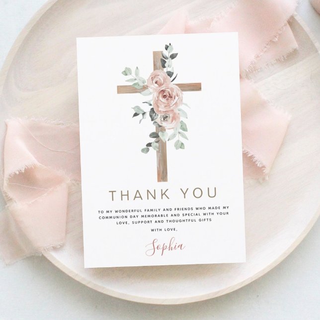 First Holy Communion Thank You Dusty Pink Rose Card (Creator Uploaded)