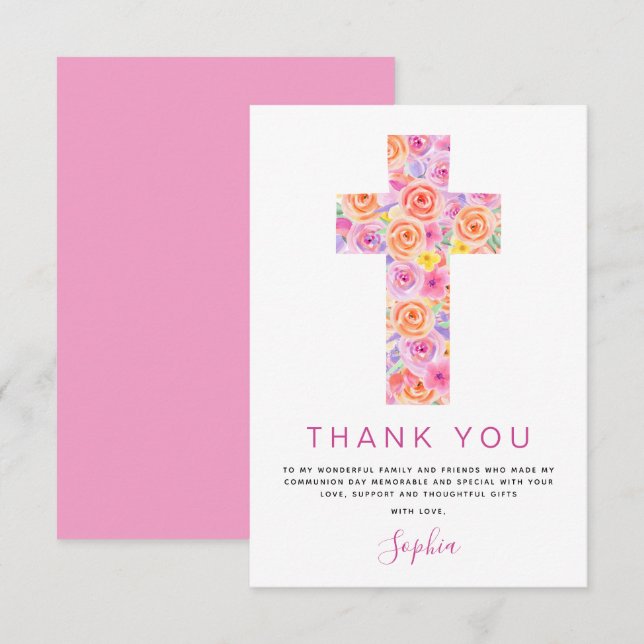 First Holy Communion Thank You Floral Pink Rose In Card (Front/Back)